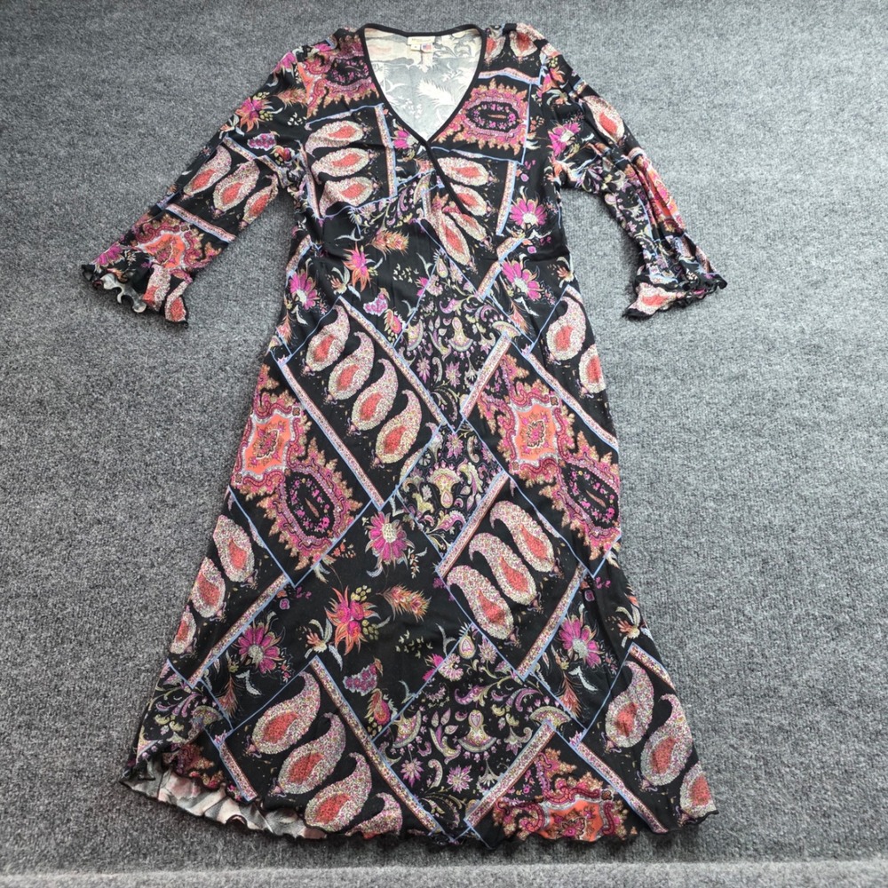 Mimi‎ Maternity Dress Paisley Boho Patchwork Midi V-Neck S Black Pink USA Made
